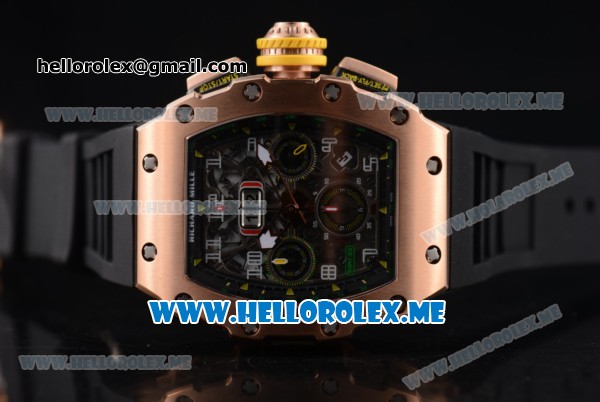 Richard Mille RM 011 Felipe Massa Flyback Swiss Valjoux 7750 Automatic Rose Gold Case with Skeleton Dial and Black Rubber Strap Arabic Numeral Markers - Click Image to Close